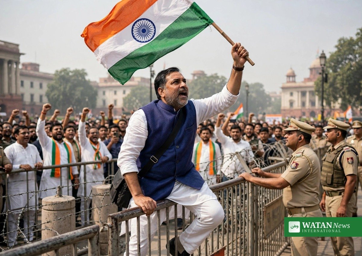 Rahul Gandhi kravler over en barrikade med det indiske flag under tirsdagens protest i New Delhi (illustrationsbillede)
