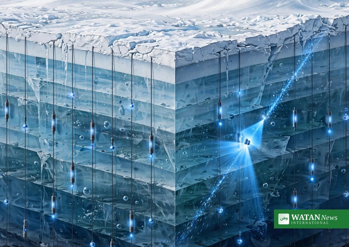 Nobel Prize in Physics 2026 – IceCube's light sensors buried deep in Antarctic ice detect a blue flash of Cherenkov light