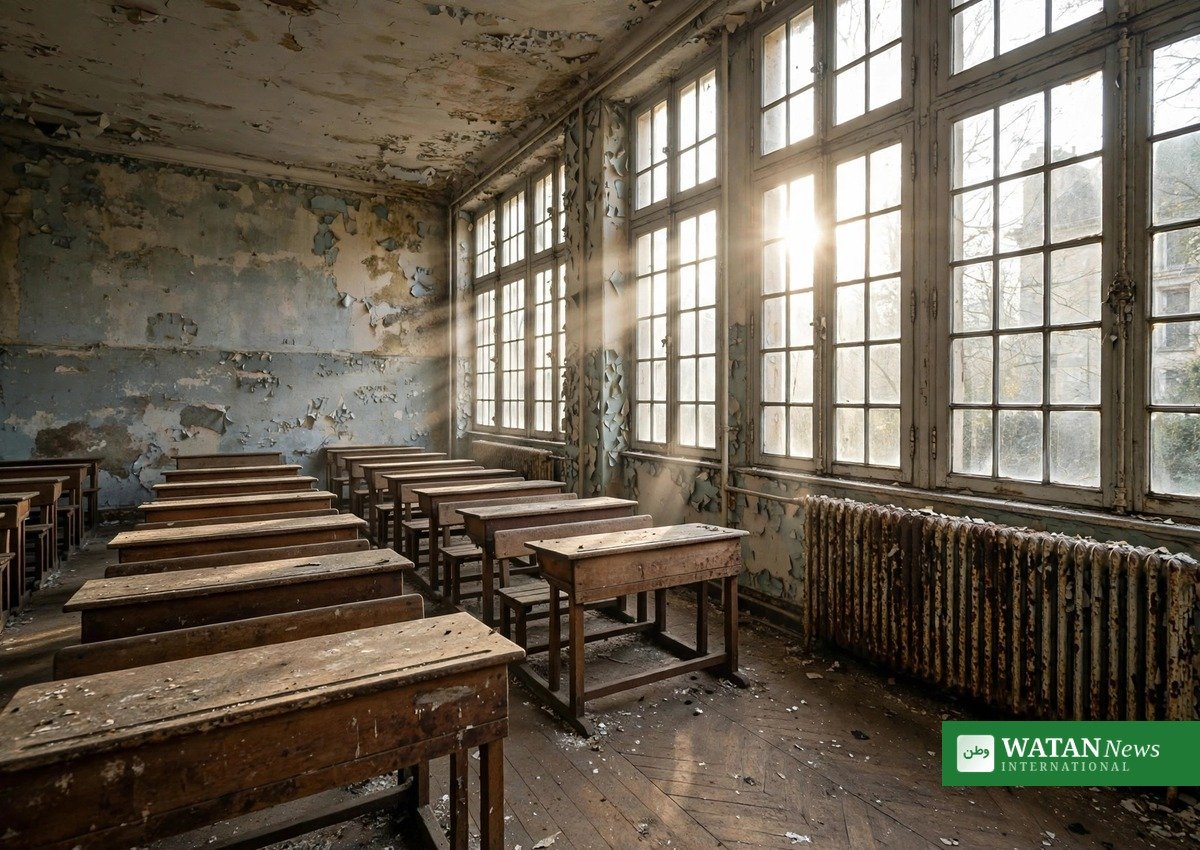 France youth protests: a run-down French classroom with peeling paint and broken radiators, the conditions students are demonstrating against