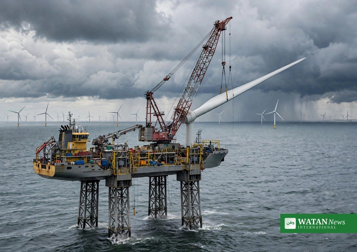Jack-up installation vessel installing a turbine blade at Baltic Power offshore wind farm