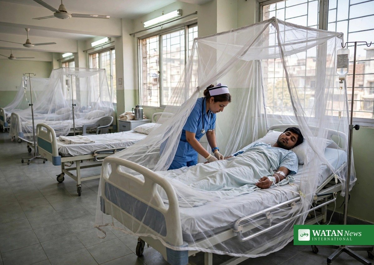 Dengue patient under a mosquito net in a Rawalpindi hospital ward