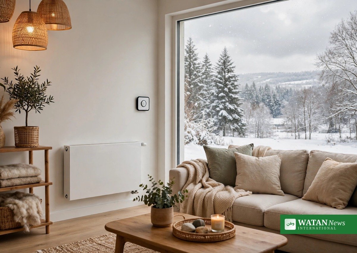 Et varmt, hyggeligt opholdsrum med radiator under et vindue med snelandskab udenfor — den type hjemmevarme, Danmark bevæger sig mod med fjernvarme