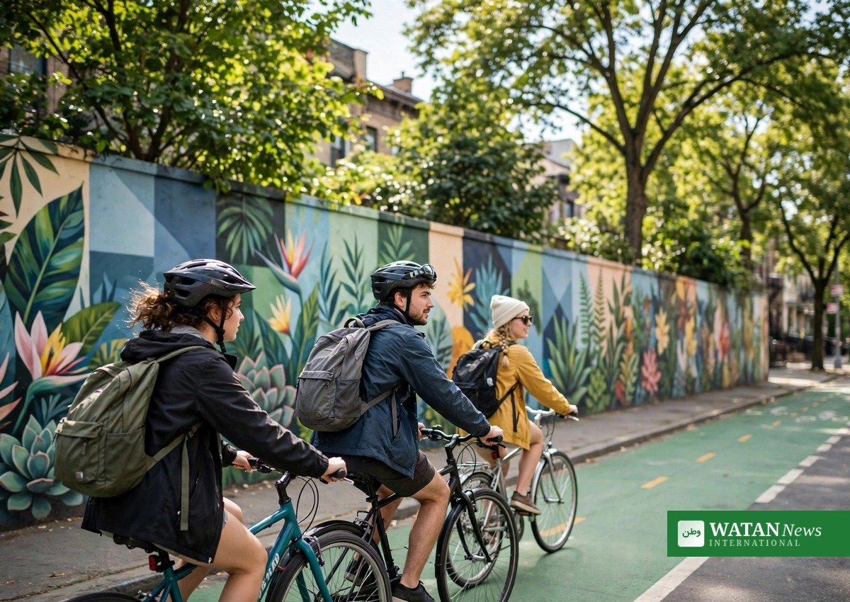 Young people cycling on a green city bike lane beside a colorful neighborhood mural