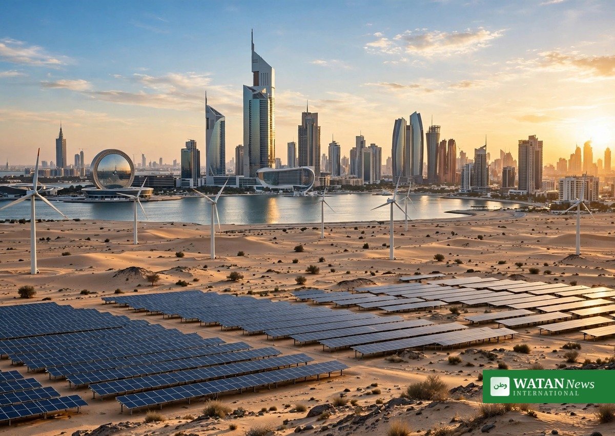 Abu Dhabi skyline with wind turbines and solar panels symbolizing the energy transition
