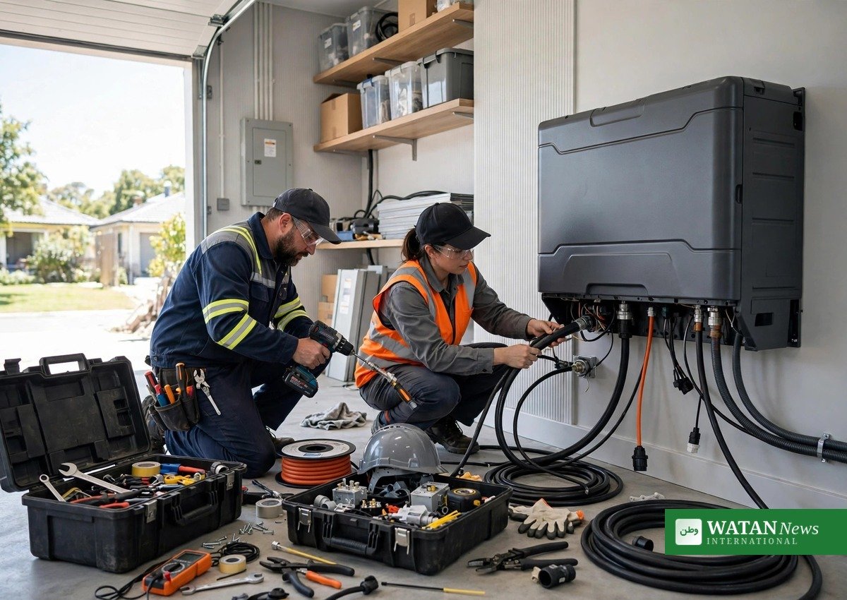 Workers installing a home battery storage unit