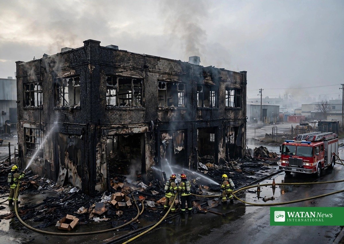 Charred garment factory building in Karachi after the fire was extinguished