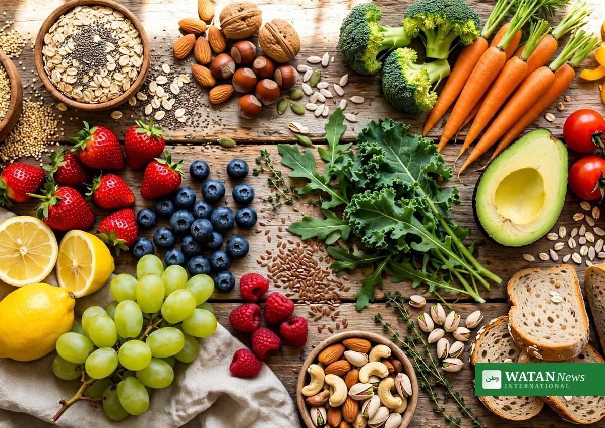 Better wellbeing: colorful healthy food with fruits, vegetables and whole grains
