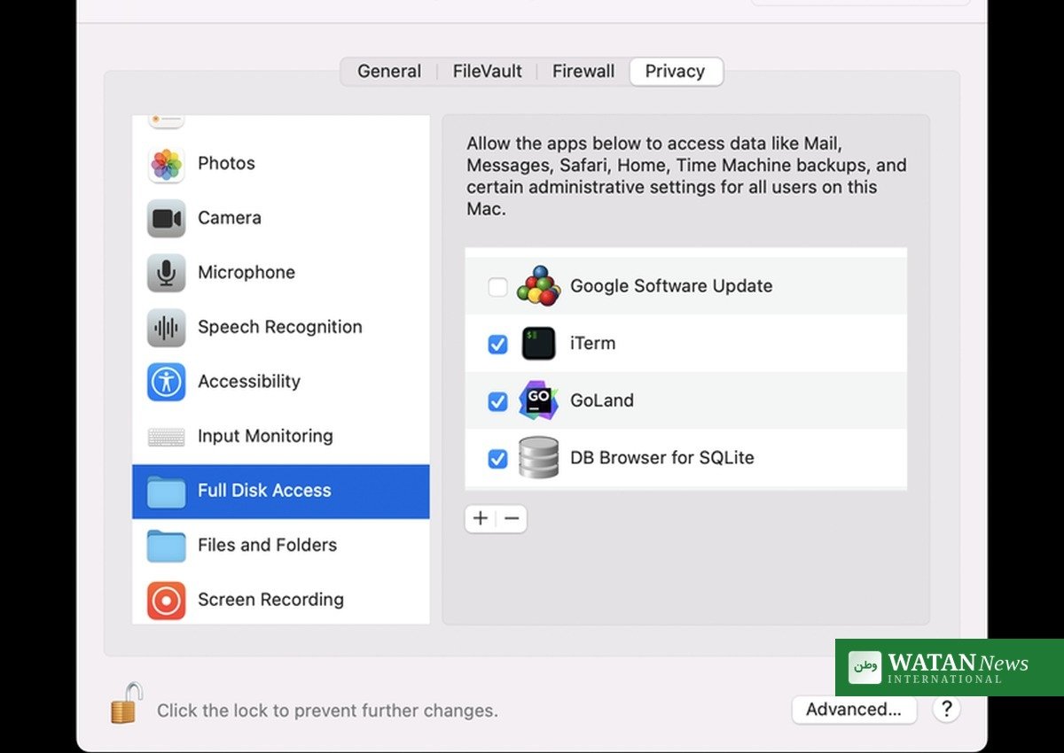 macOS Security and Privacy settings showing the Full Disk Access permissions list – AI agents privacy