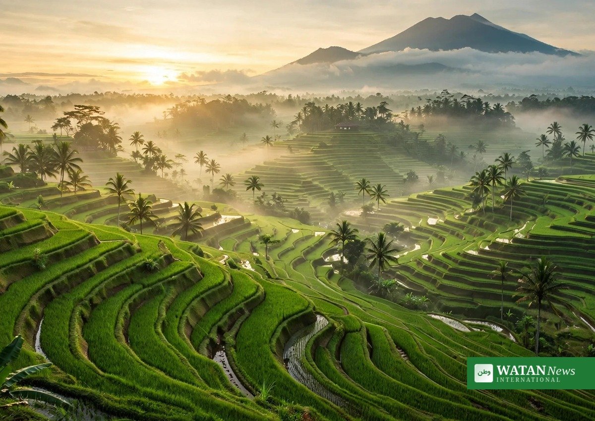 World's best travel destinations: Bali green rice terraces panoramic landscape at sunrise