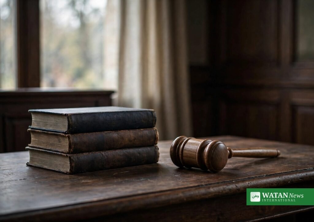 عدالت میں انصاف کی علامت: ہتھوڑا اور قانون کی کتابیں