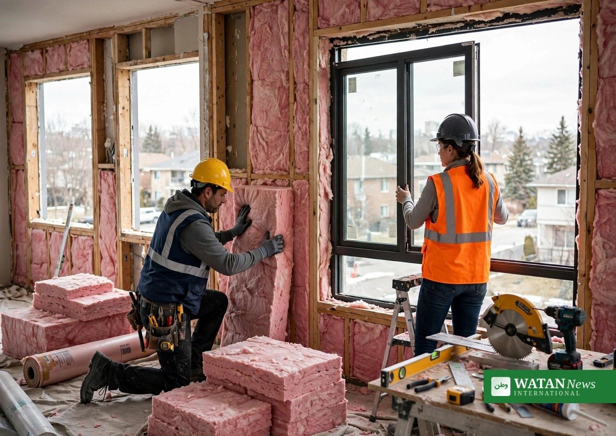Workers installing insulation and high-efficiency windows during an affordable housing retrofit, one of the energy-efficient homes measures funded by Canada