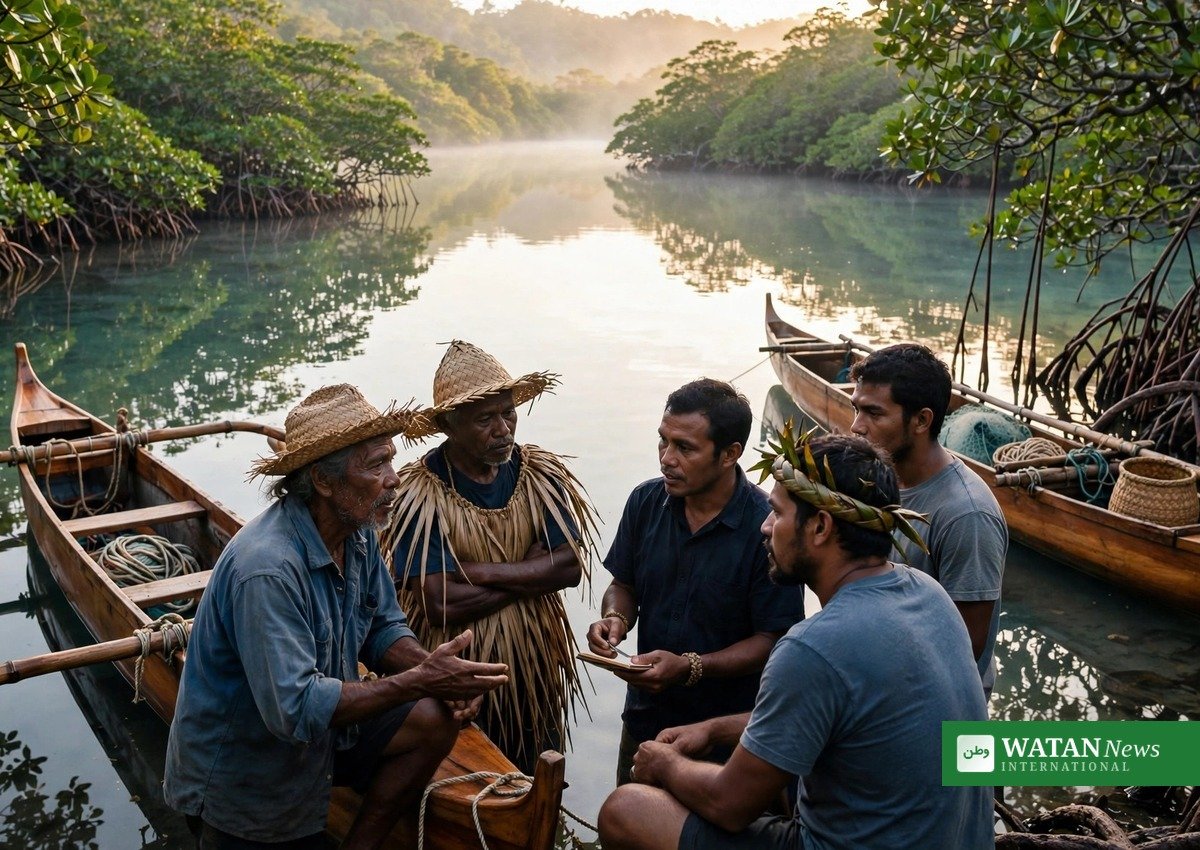 Pacific Islander community members with traditional outrigger canoes at a mangrove lagoon, discussing ocean conservation - indigenous knowledge in climate action