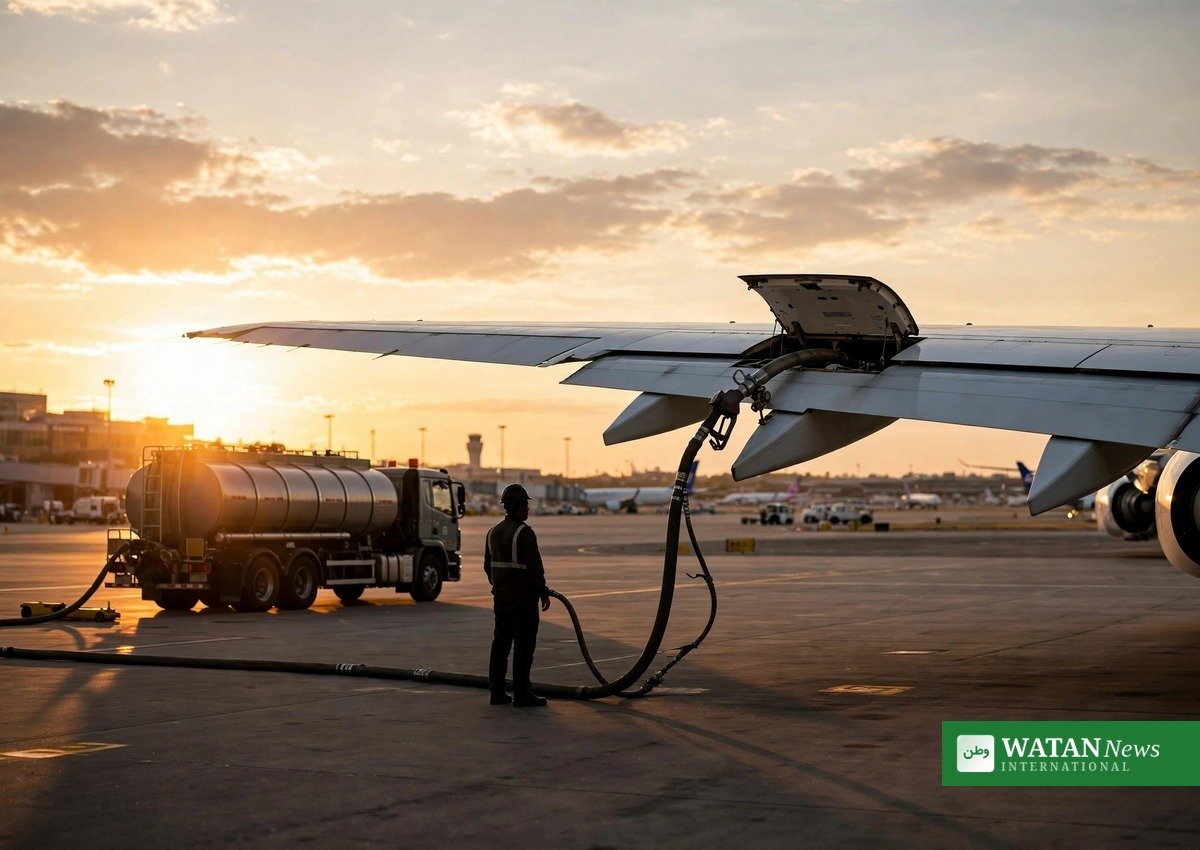 Sustainable aviation fuel being loaded into a passenger jet wing at an airport