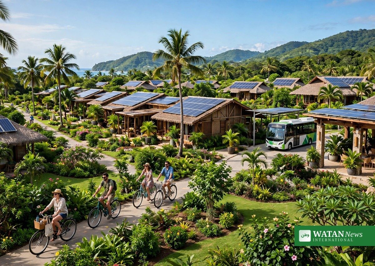 A solar-powered eco-resort where guests cycle and use an electric shuttle, reflecting the lower-emission hospitality projects shortlisted for the 2026 World Sustainable Travel & Hospitality Awards