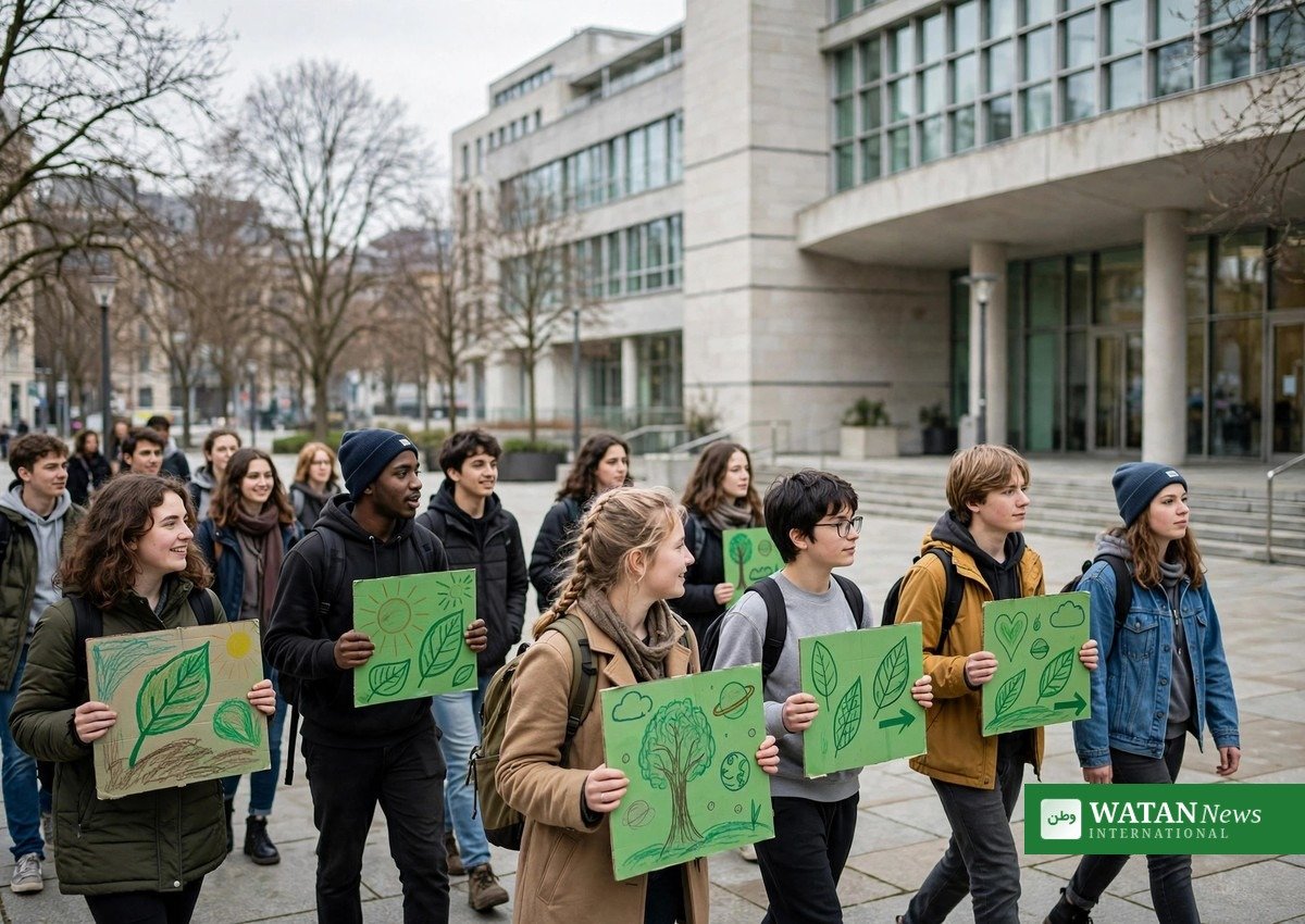 Young people marching with hand-painted green placards at a youth climate rally