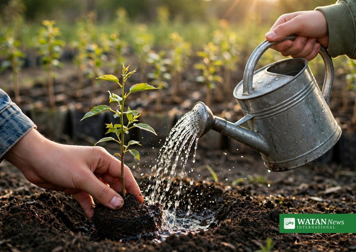 Volunteer watering a young tree sapling planted as part of South Africa's One Billion Trees Programme