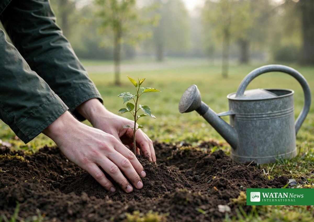 Hands planting a young sapling in an English park as the UK announces its Community Trees Fund