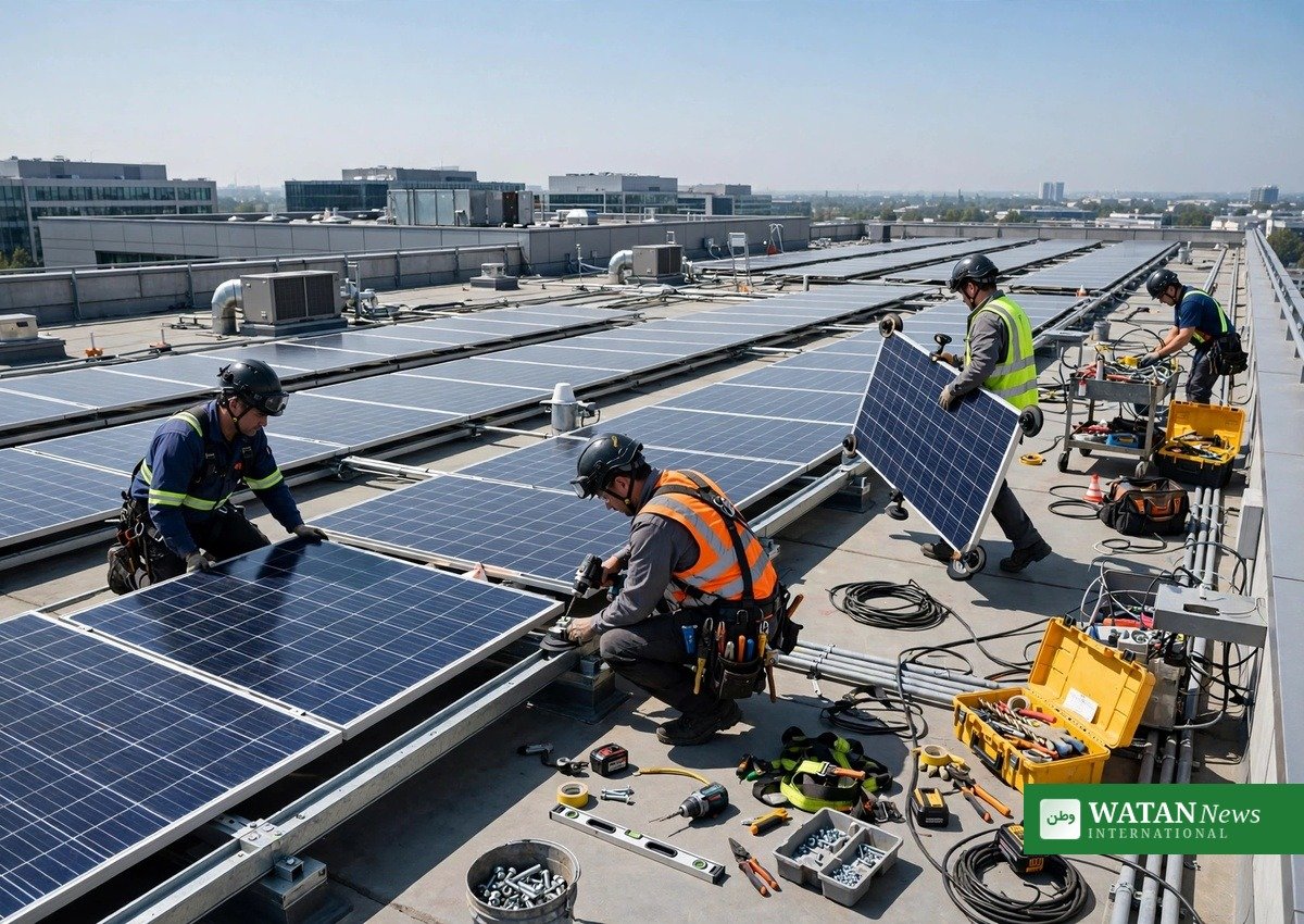 Teknikere installerer solpaneler på tag, mens solenergi overhaler atomkraft på verdensplan