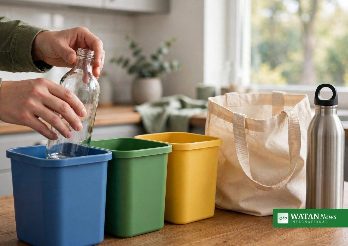 Hands sorting a glass bottle into colour-coded recycling bins beside a reusable shopping bag — the kind of sustainable habits growing in daily life, per Bain's 2026 report