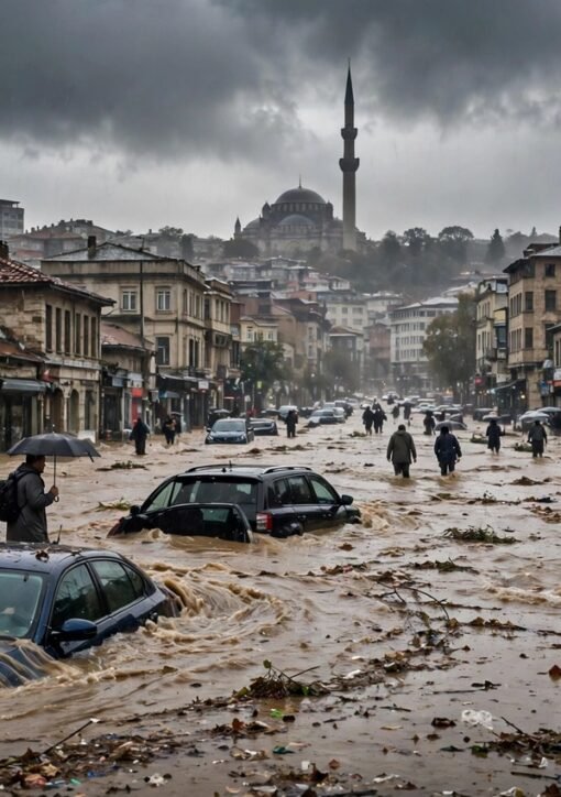 Flooded street in Istanbul with submerged cars after record rainfall — Istanbul floods