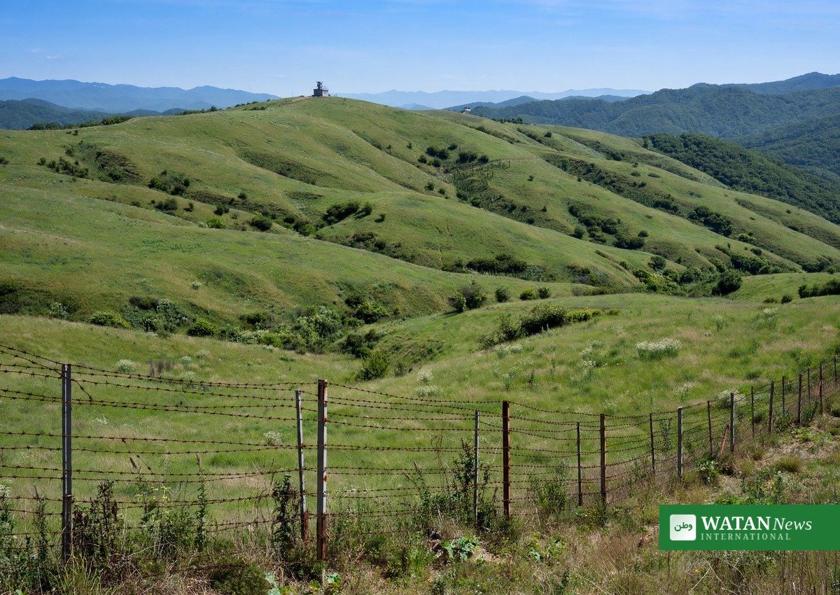 South Korea North Korea military talks: fenced border hills in the Demilitarised Zone