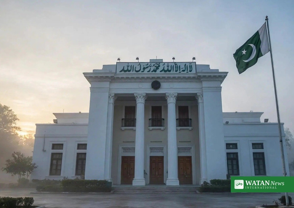 Pakistan flag and the Khyber Pakhtunkhwa provincial assembly building in Peshawar