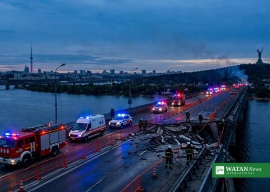 Kyiv bridge attack — emergency crews on the damaged Pivnichnyi Bridge in Kyiv