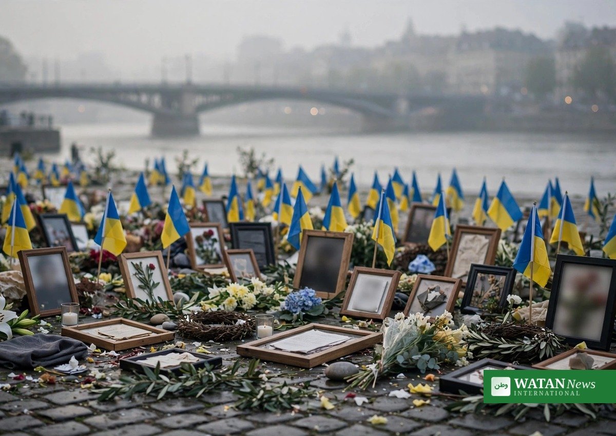 Kyiv bridge attack — memorial flags in Kyiv where Friedrich Merz and Volodymyr Zelenskyy paid tribute to fallen soldiers
