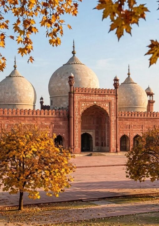 Lahore autumn — Badshahi Mosque with golden trees