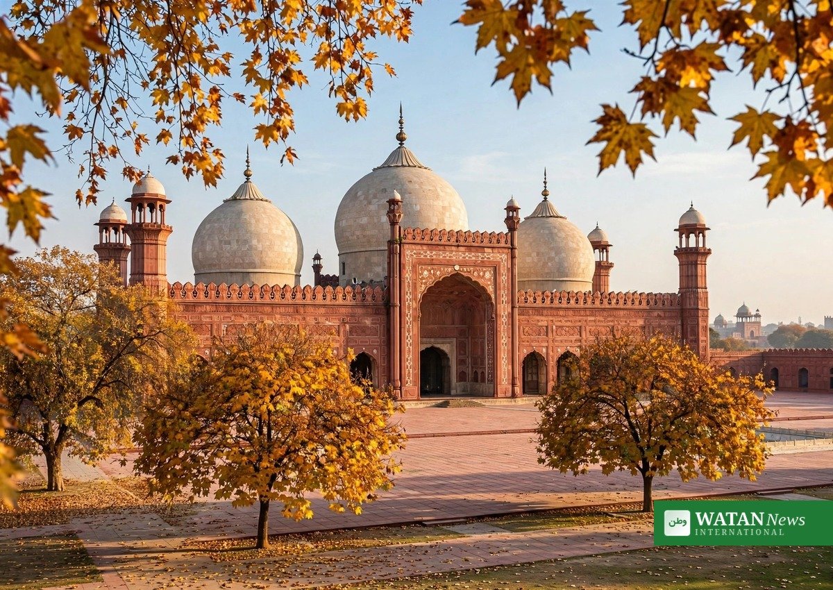 Lahore autumn — Badshahi Mosque with golden trees