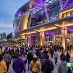 Los Angeles Lakers arena at dusk with fans in purple and gold