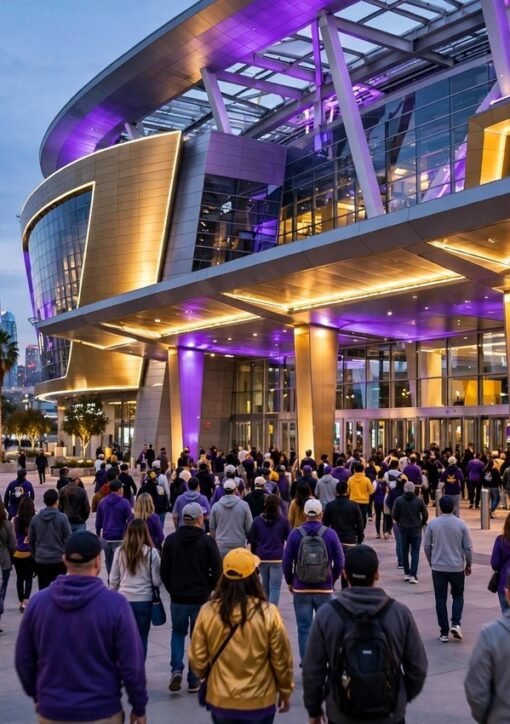Los Angeles Lakers arena at dusk with fans in purple and gold