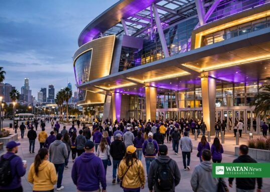 Los Angeles Lakers arena at dusk with fans in purple and gold