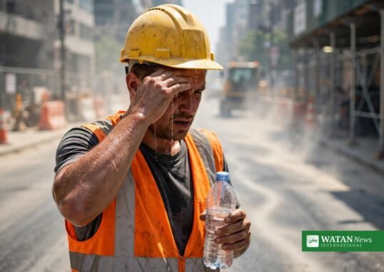Outdoor worker in extreme heat during a heatwave, holding a water bottle