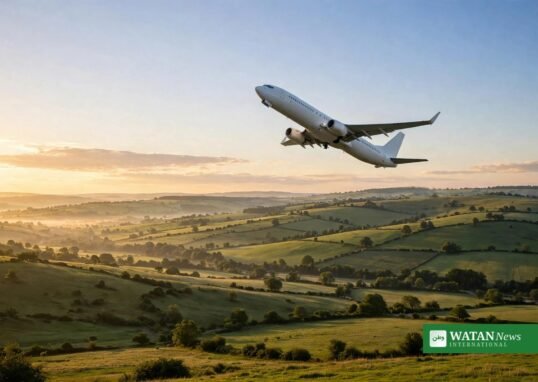 Lufthansa Impact Fare passenger airplane taking off over green countryside