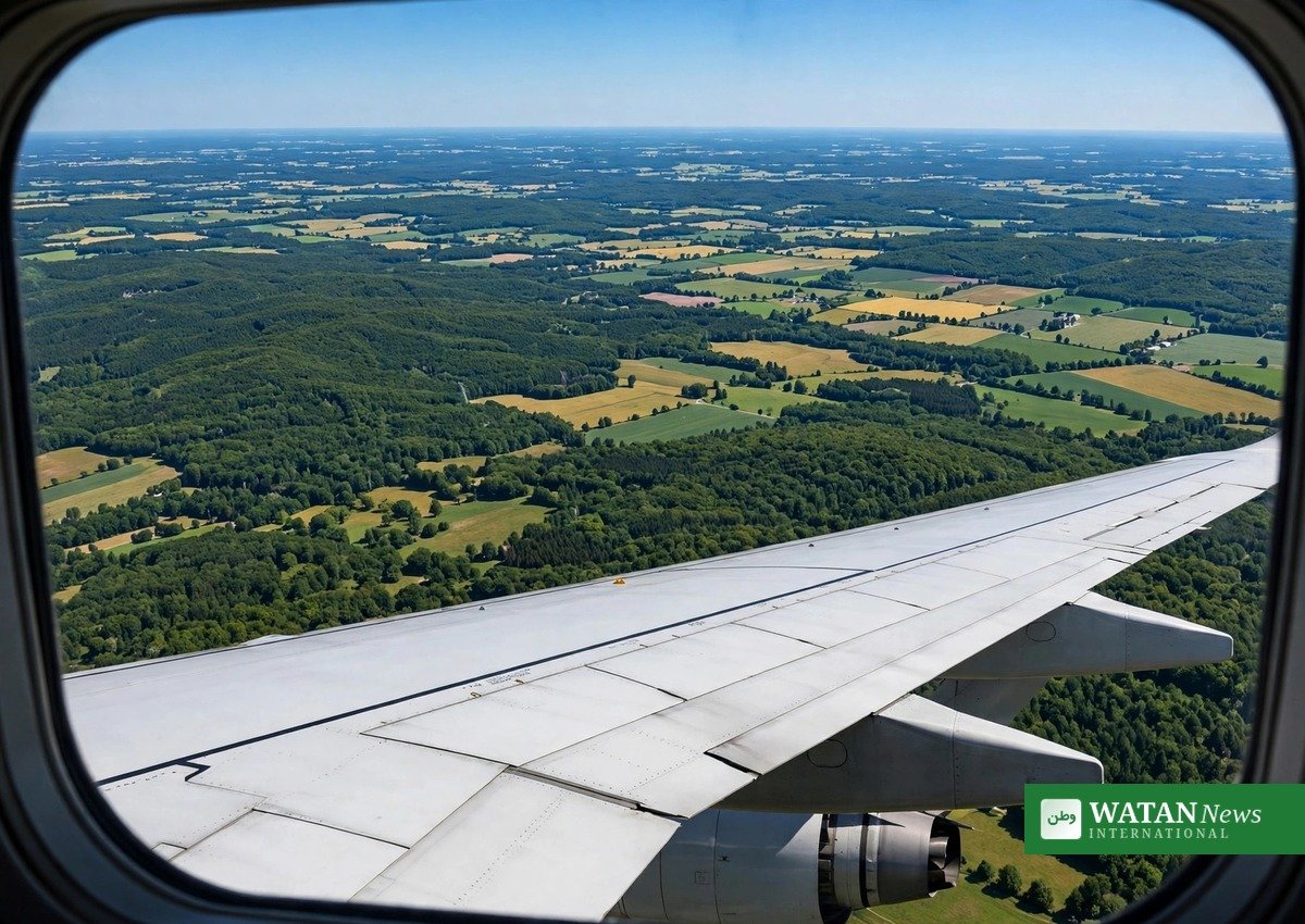 Lufthansa Impact Fare view from an airplane window over green forests and fields