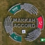 Human formation spelling Makkah Accord with Pakistan, Saudi Arabia and Türkiye flags at Sultan Bahoo shrine in Jhang