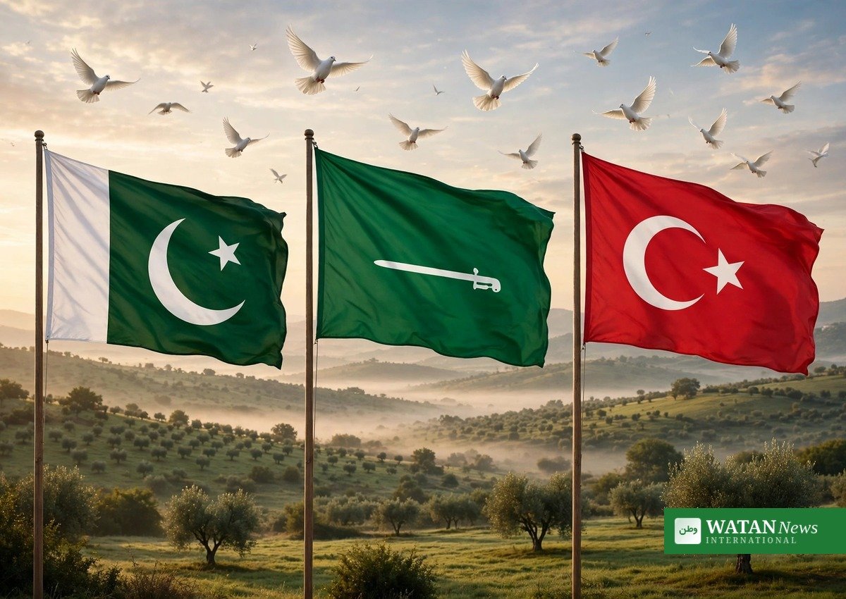پاکستان، سعودی عرب اور ترکیہ کے پرچم طلوع آفتاب کے وقت فضا میں اڑتے کبوتروں کے ساتھ، مکہ معاہدے کے اتحاد کی علامتی تصویر