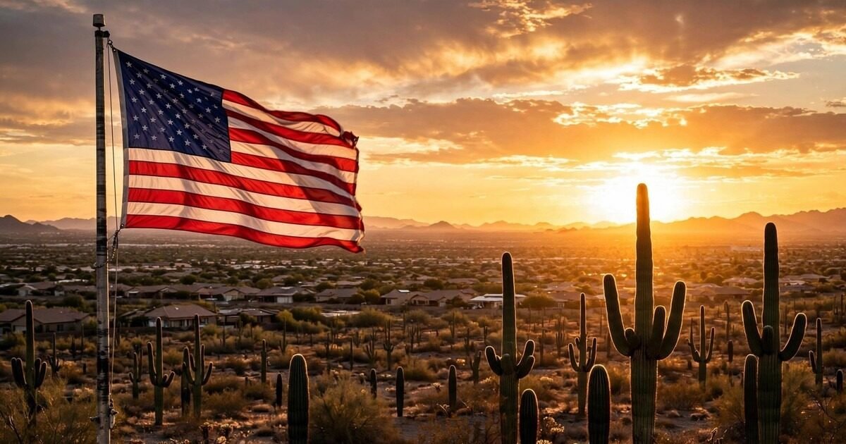 Arizona sunset over Phoenix suburbs with American flag — Mark Lamb Arizona election scandal