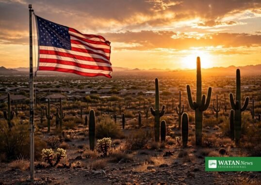 Arizona sunset over Phoenix suburbs with American flag — Mark Lamb Arizona election scandal