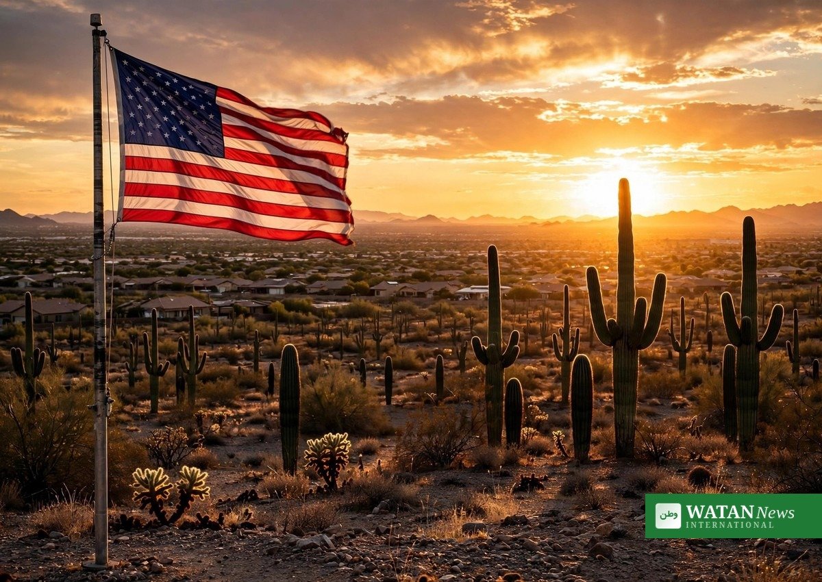Arizona sunset over Phoenix suburbs with American flag — Mark Lamb Arizona election scandal