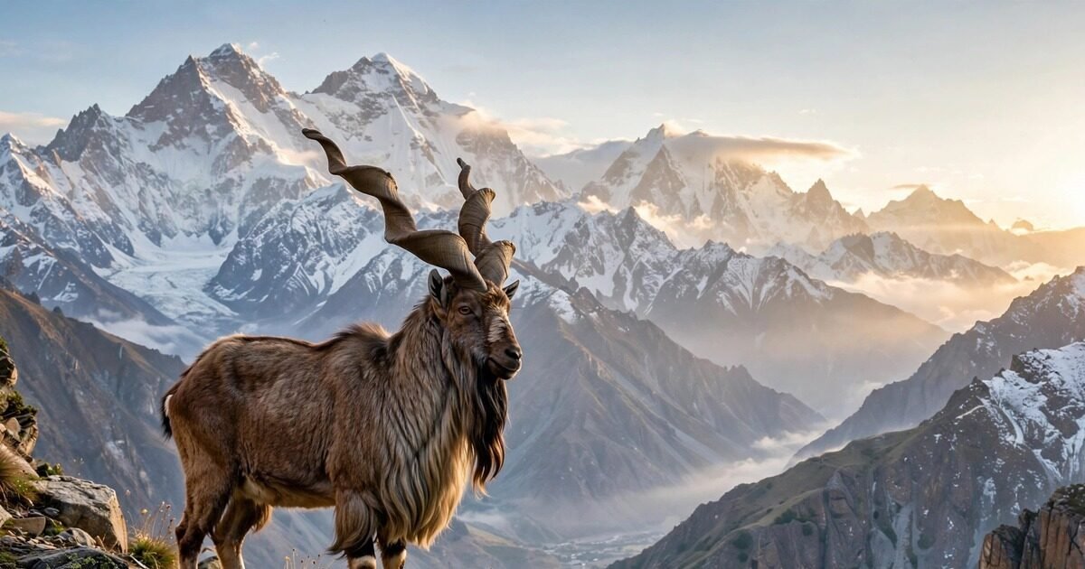 Markhor with spiral horns on a mountain cliff in Pakistan (illustration)