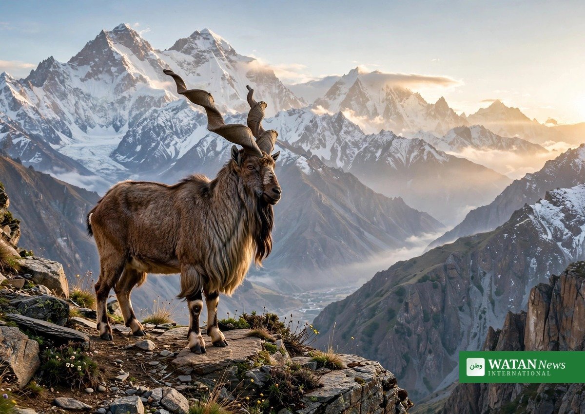 Markhor with spiral horns on a mountain cliff in Pakistan (illustration)