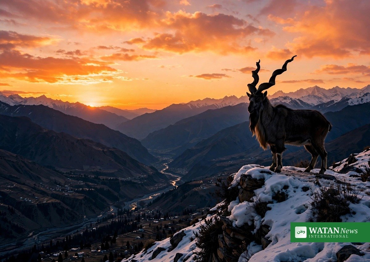 مارخور — غروب آفتاب میں برفانی چوٹی پر مارخور