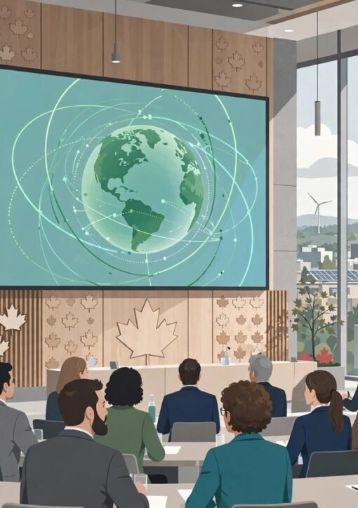 Deltagere ved Montréal Climate Security Summit 2026 med klimaglobus