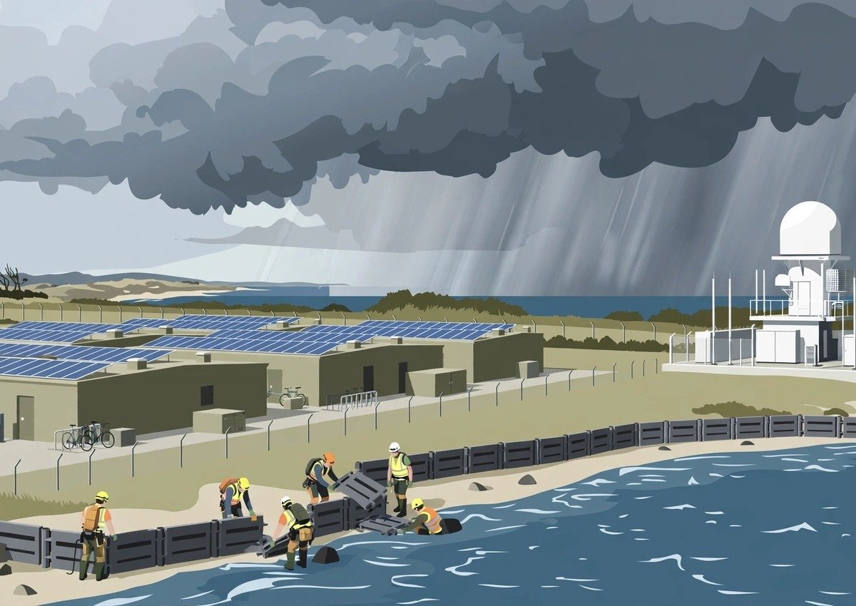 Klimaresilient militærbase med solpaneler og radarstation