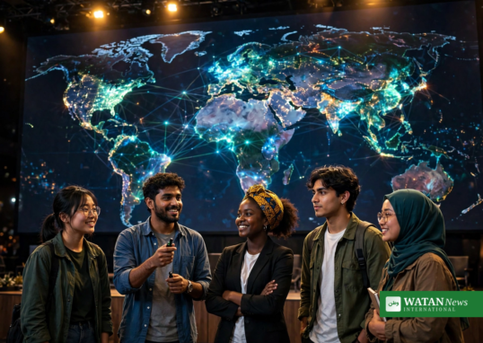 Young climate innovators presenting AI solutions on stage at the UN AI for Climate Action Award forum
