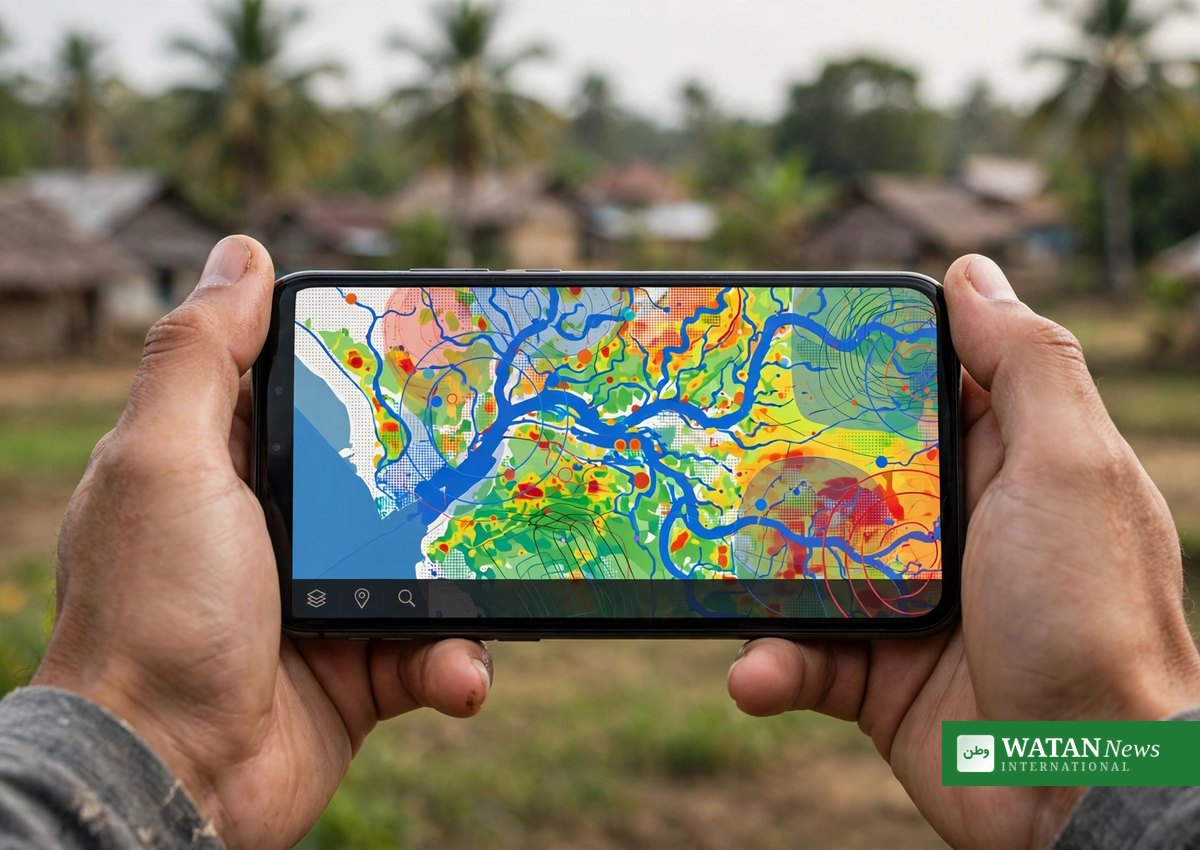 Hand holding a smartphone showing an AI-generated flood-risk map for a vulnerable village