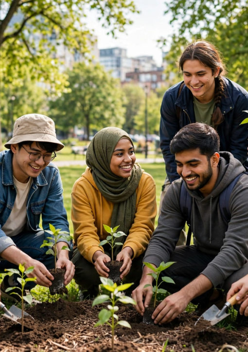 Diverse unge klimaambassadører planter træplanter sammen i en bypark