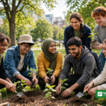 Diverse young climate ambassadors planting tree seedlings together in a city park